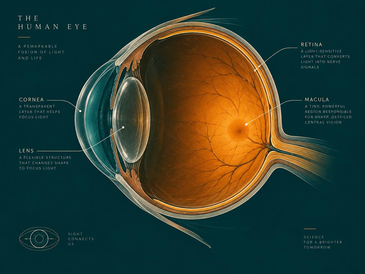 Cross-section diagram of the human eye labelling the cornea, lens, retina and macula