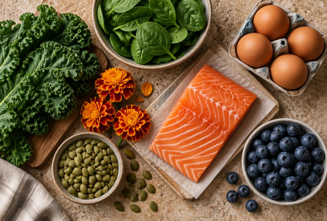 Kale, spinach, marigold, salmon, eggs, pumpkin seeds and blueberries laid out on a stone surface