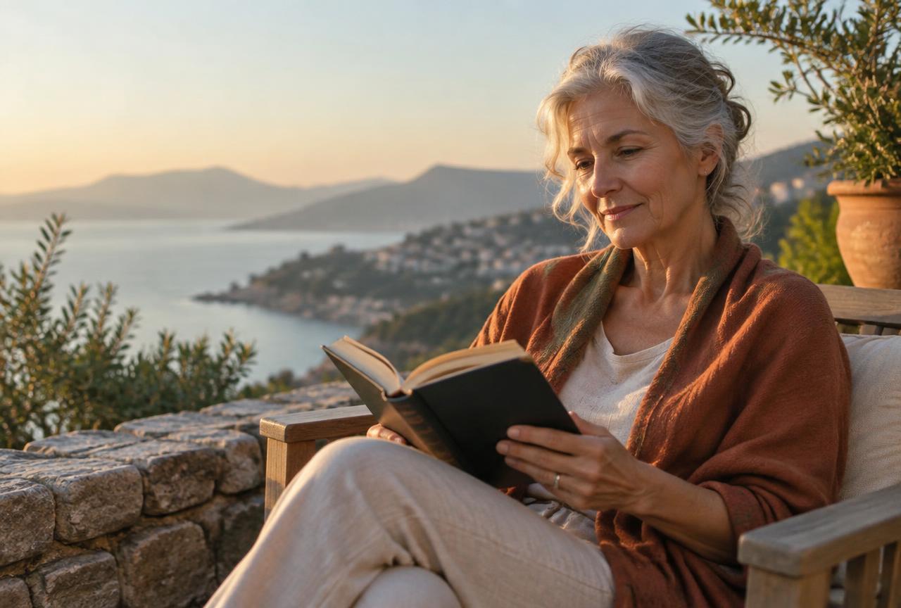 Older woman reading a book comfortably in warm daylight